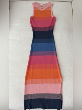 Evereve Multi-Stripe Ribbed Knit Midi Dress in Pink, Orange & Blue XS